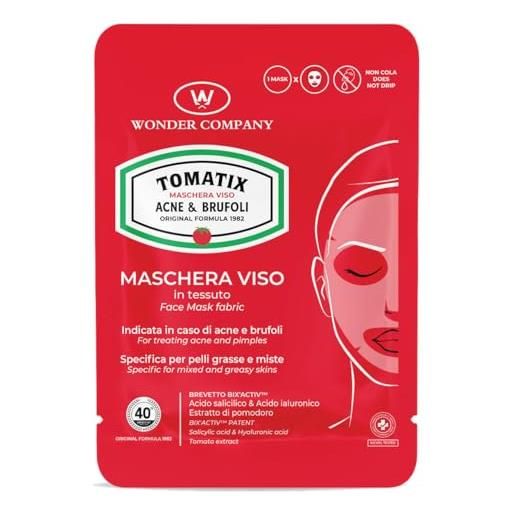 W Wonder Company tomatix maschera viso in cellulosa vegan per il trattamento di acne & brufoli, brevetto bix'actif 15 ml