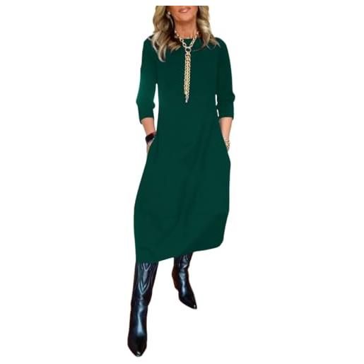 shownicer vestito donna elegante vestiti midi scollo a rotondo manica lunga abito con tasche moda casual abiti midi dress a verde l