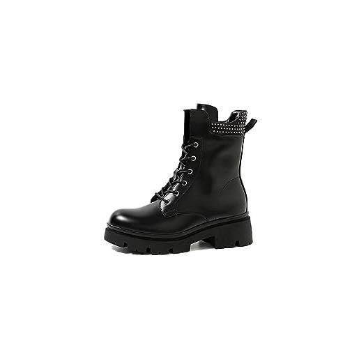 QUEEN HELENA anfibi stivaletti con lacci intercambiabili con strass bassi con zip laterale donna x29-87 (nero, sistema taglie calzature eu, adulto, donna, numero, media, 37)
