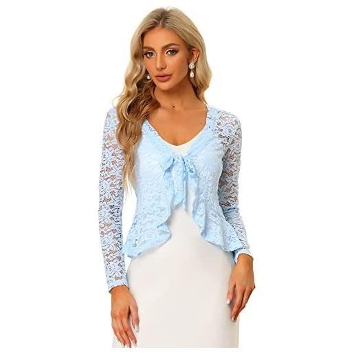 Allegra K bolero coprispalle da donna, a maniche lunghe, con motivo floreale, cardigan corto in pizzo, azzurro, s
