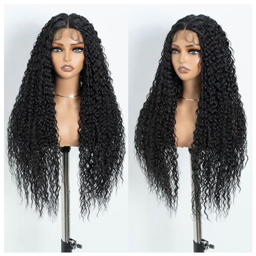 Style Icon long deep wave sintic lace front wig for women 30 inch long curly wig middle part lace front wig (1b)