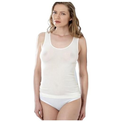 EMMEBIVI canotta donna made in italy in lana e seta - spalla larga, senza cuciture, con bordo in raso, bianco, s