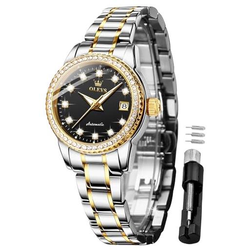 OLEVS orologio automatico per coppia orologio da polso in oro con diamanti di lusso in acciaio inossidabile meccanico a carica automatica Set di