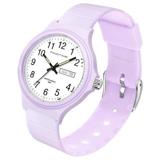 findtime orologio analogico da polso educativo per bambini, ragazzo, ragazza, facile da imparare a leggere l'ora, retroilluminazione a led, viola. , cinghia