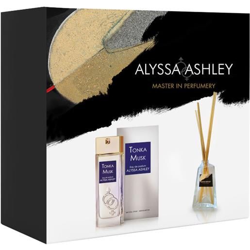 Alyssa Ashley tonka musk confezione 100 ml eau de parfum + 50 ml profumatore d'amiente con bacchette - 100 ml eau de parfum + 50 ml profumatore d'amiente con bacchette