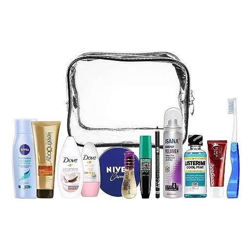 STOP TO SHOP! set da viaggio adatto per bagaglio a mano, vacanze, comprendente tutti i prodotti di marca per la cura della persona necessari, in un beauty case in pvc