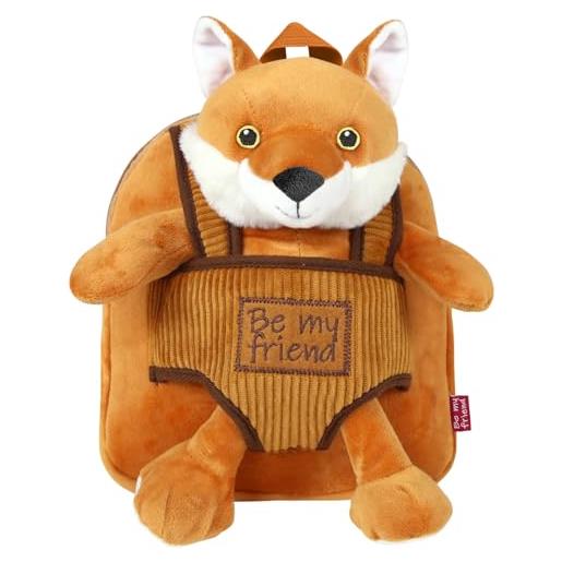 PERLETTI zainetto peluche volpe da bambina bambino 3 4 5 anni - piccolo zaino cucciolo bimbo bimba asilo viaggi - cartella scolastica double face morbida e compatta - 22x25x3 cm (volpe)