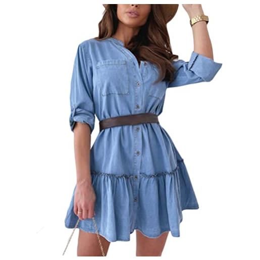 Yesgirl donna abito a camicia in denim con bottoni abito a tunica elegante abito con scollo a v estivo casual jeans vestito vita alta pieghetta vestito jeans b blu xl