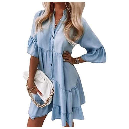 Yesgirl abito da donna, casual, estivo, in jeans, a maniche a 3/4, con scollo a v, con volant, lunghezza al ginocchio, per il tempo libero, c blu scuro. , m