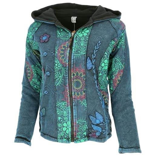 GURU SHOP goa - giacca patchwork ricamata con cappuccio e fodera in pile, da donna, in cotone, nero, 48