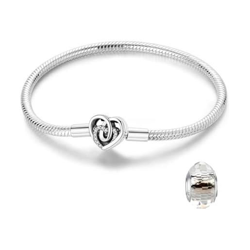 LNQOBU bracciale in argento con maglia snake e chiusura a cuore compatibile con pandora europei charms da donna