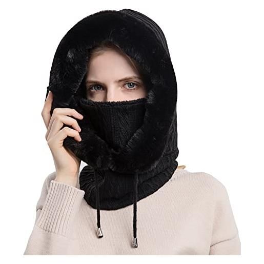 WANYI 2 in 1 cappello sciarpa invernali set donna berretto in maglia con sciarpa scaldacollo beanie cappelli da bici sci all'aperto con foderato in pile (87 nero)