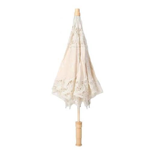 VIFER ombrello in pizzo bianco, ombrello di fiori di pizzo ombrello da sposa decorativo ricamo fatto a mano con manico in legno per danza fotografica, l beige