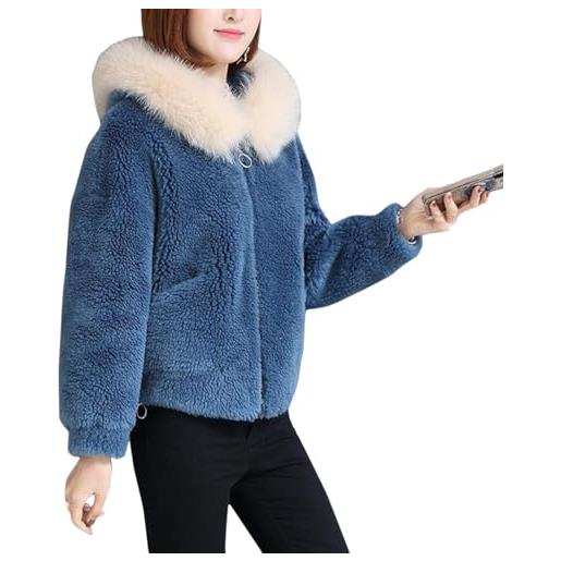 Suncadmious cappotto da donna in pelliccia sintetica con cappuccio giacca in finto shearling con tasche (blu, s)