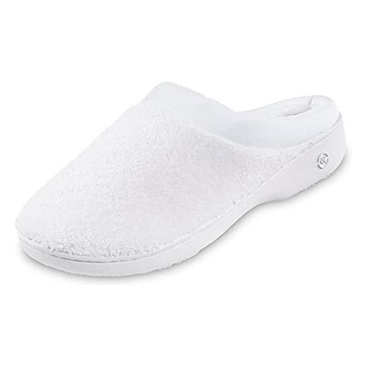 Isotoner pantofole da donna in spugna e raso, con imbottitura in memory foam, per interni ed esterni, comodi sandali piatti, bianco, 3.5/4 uk