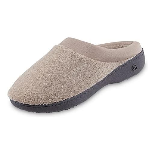 Isotoner women's terry and satin slip on cushioned slipper with memory foam for indoor/outdoor comfort