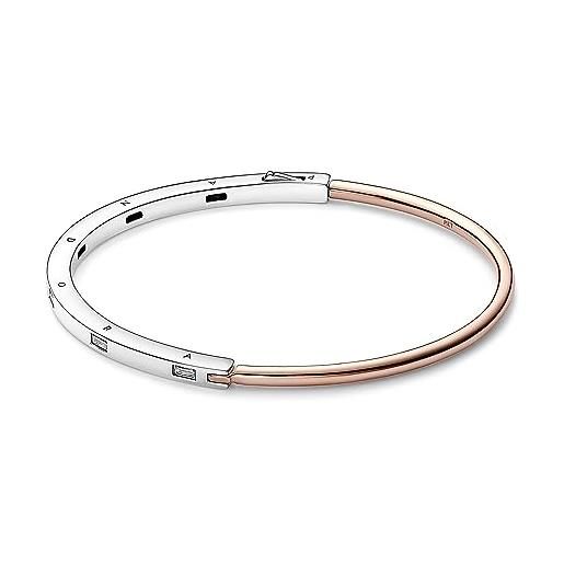 PANDORA signature bracciale rigido in argento sterling i-d con pavé bicolore e placcato in oro rosa 14 carati con zirconi cubici trasparenti, 1