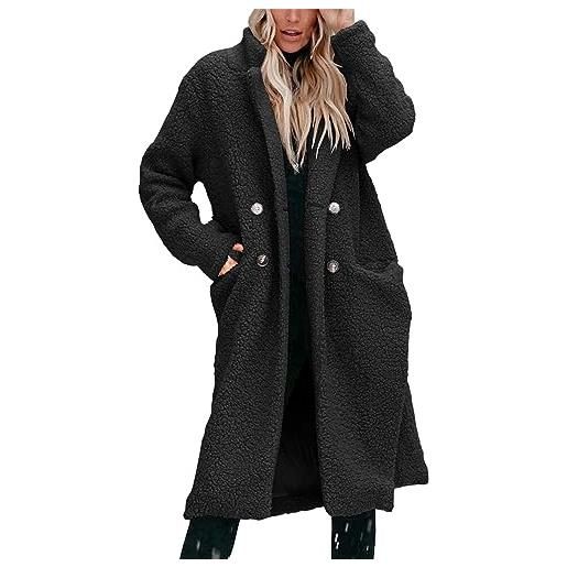 ZH8FCHAN cappotto teddy donna invernale elegante casual giacca lunga cappotti peloso pelliccia trench con risvolto doppiopetto peluche orsacchiotto cardigan lungo fleece jacket cappotto nero donna lana