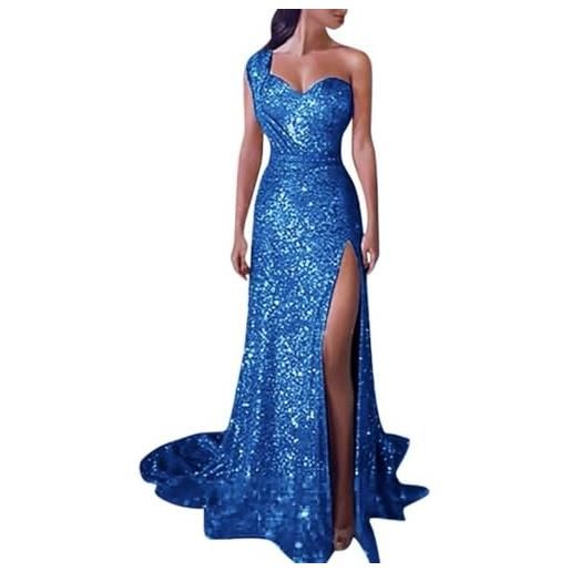 Generic abito da sera da donna, con paillettes, elegante, lungo, da cocktail, con spacco, tinta unita, con brillantini, da principessa, da damigella d'onore, blu, xxl