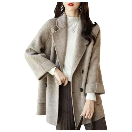 Juankrynord cappotto corto da donna invernale con revers doppiopetto e tasche cappotto caldo largo con revers doppiopetto e spacchi cappotto di media lunghezza (kaki, l)