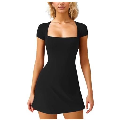 EMOTTOS vestito donna a-line mini abito, vestito scollato con collo sexy a cuore, slim fit manica corta bodycon dress, y2k elasticizzato abiti bodycon da festa discoteca cocktail party, nero, s
