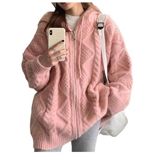Tooe old money cardigan estetico gyaru cottagecore nonno maglione donna y2k coqutte zip up chunky knit knitwear, rosa, taglia unica