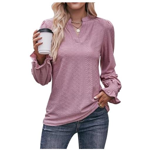 Bipily manica lunga da donna v-neck t-shirt camicetta top grazia moda sciolto manica lunga casual maniche a sbuffo tops solido maglietta (nero, m)