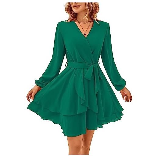 TcIFE vestito casual da donna scollo a v manica lunga abito, elegante cravatta volant mini swing skater abiti corto