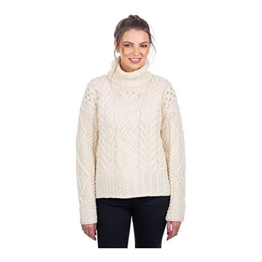 SAOL aran the maire - maglione irlandese in 100% lana merino da donna, in natura/vela, colore: blu/connemmara verde, naturale, m