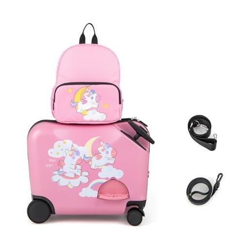 COSTWAY valigia cavalcabile per bambini, 18 valigia+ 12 zaino, 2 pezzi, trolley bambini bagaglio a mano con ruote girevoli e maniglia retrattile, 2 cingie multiuso (modello 6)