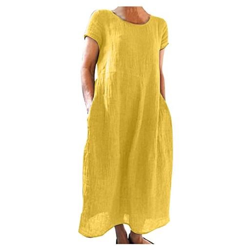 AMDOLE comodo vestito da donna estivo comodo sciolto tinta unita manica corta cotone lungo abito carino donna abiti per l'estate, giallo, xxl