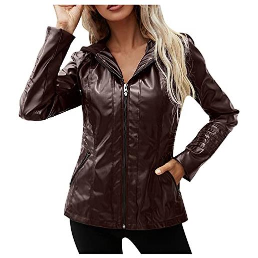LJHH giacca da donna in pelle con cerniera giacche di ecopelle corto slim donna cappotto corto invernale similpelle con cappuccio giubbotto moto donna cappotti antivento autunno cardigan giubbino parka