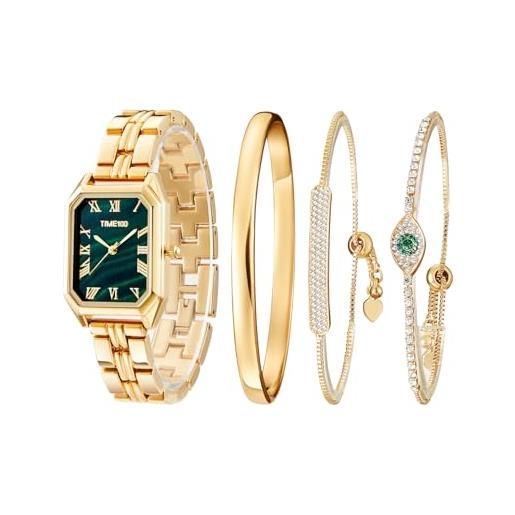 TIME100 set regalo orologio donna e 3 bracciali coordinati | orologio al quarzo elegante con quadrante rettangolare verde smeraldo e cinturino oro, kit gioielli con cristalli idea regalo per lei
