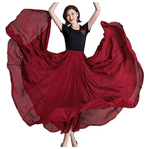 COTCLO gonna lunga da donna gonna da ballo a pieghe gonna lunga estiva tinta unita gonna lunga in chiffon a vita alta gonna a dondolo grande, vino rosso, m