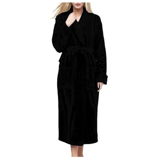 Generic vestaglia in pile da donna, vestaglia lunga da donna, vestaglia invernale con tasche e cintura, vestaglia calda, comoda e accogliente, tinta unita, abbigliamento da notte, nero , m