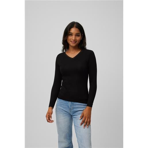 Ysabel Mora t-shirt termica nera con controllo della temperatura e dettaglio in pizzo a maniche lunghe