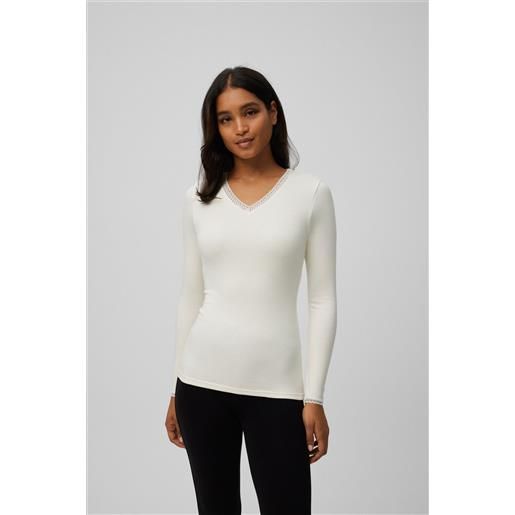 Ysabel Mora t-shirt termica avorio con controllo della temperatura e dettaglio in pizzo a maniche lunghe