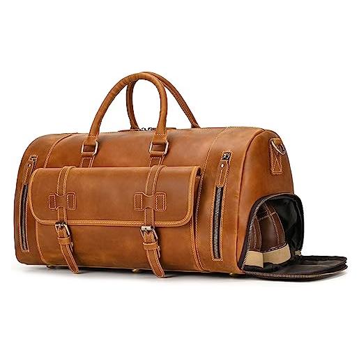 newsbirds borsone da viaggio pelle vintage per uomo grande borse a tracolla per vacanze porta abiti borsa da weekend in vera pella, borse weekender da viaggio con scomparto scarpe, 9802 marrone chiaro