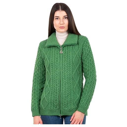 SAOL bomber irlandese in 100% lana merino, lavorato a maglia, con cerniera, con tasche, da donna, verde acqua, xx-large