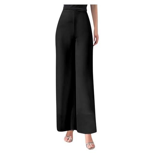 Generisch pantaloni da donna in chiffon leggero con vita alta elastica, pantaloni fluenti, gamba dritta svasata, da donna, da cocktail, da donna, eleganti per cene di lavoro, serate formali, nero , xxl