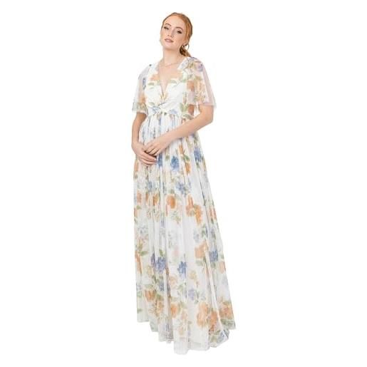 Anaya with Love abito maxi da donna, maniche corte, scollo a v, stile impero, in tulle, linea, sposa nan, stampa floreale avorio, 44