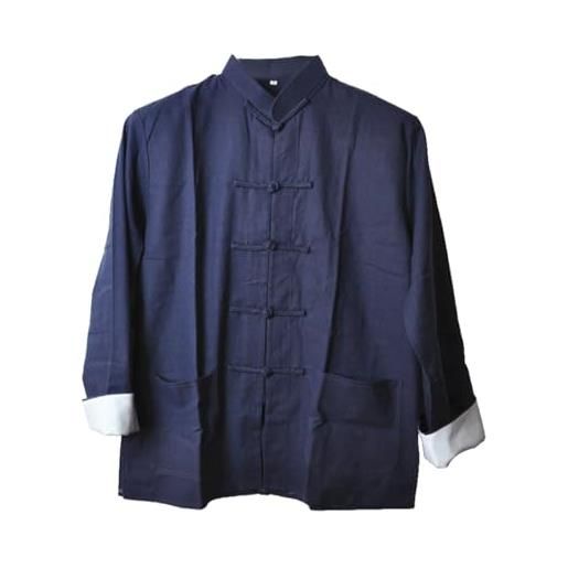 LUZU JUNU lzjn - camicia da uomo in cotone e lino kung fu cinese tradizionale tang suit tai chi camicetta a maniche lunghe con bottoni a forma di rana - blu - xx-large