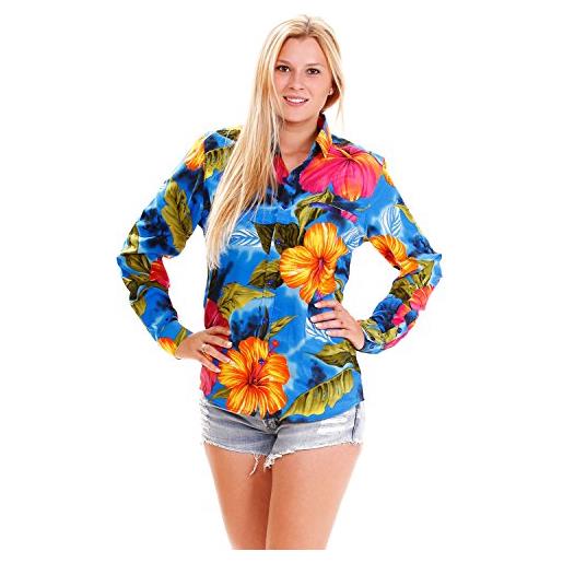 V.H.O. king kameha | funky camicia hawaiana per donne | a maniche lunghe | front-pocket | grande fiore | azzurro blu light blue
