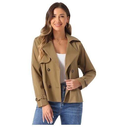 Allegra K trench giacca donna con risvolto dentellato doppio petto giacca corta casual marrone xl