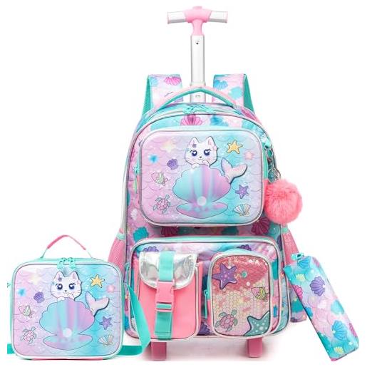 Woosir Zaino Scolastico 3-in-1 Per Bambine Ragazze: Con Borsa Termica E Astuccio. Design Sirena, Leggero E Capiente Per Scuola, Viaggi E Laptop 15.6" - 3