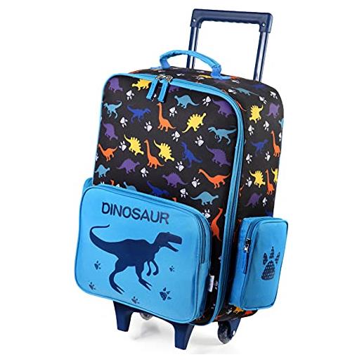 VASCHY valigia trolley bambini, carino bagaglio a mano multifunzionale valigia da viaggio per ragazzi ragazze grande scomparto interno con 2 ruote 18 pollici, dinosauro nero, taglia unica, dinosauro