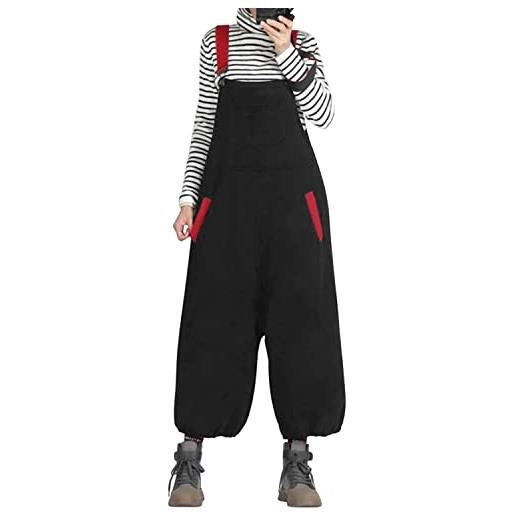 semen salopette cargo casual da donna pantaloni larghi con bretelle lunghi a gamba larga tuta oversize pagliaccetti larghi con tasche, nero , 48