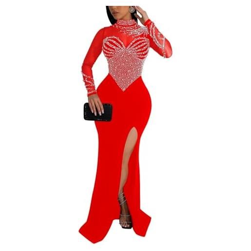 GHAKKE abito da cocktail da donna in rete sexy trasparente con strass scintillanti e perle vestito maxi con collo a finta manica lunga e orlo a fessura alta (color: red, size: s)