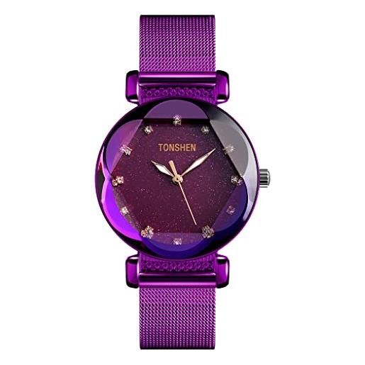 TONSHEN fashion orologio da donna e ragazza acciaio inossidabile cristallo poligonale cielo stellato comporre puntatore luminoso casual elegante orologi da polso