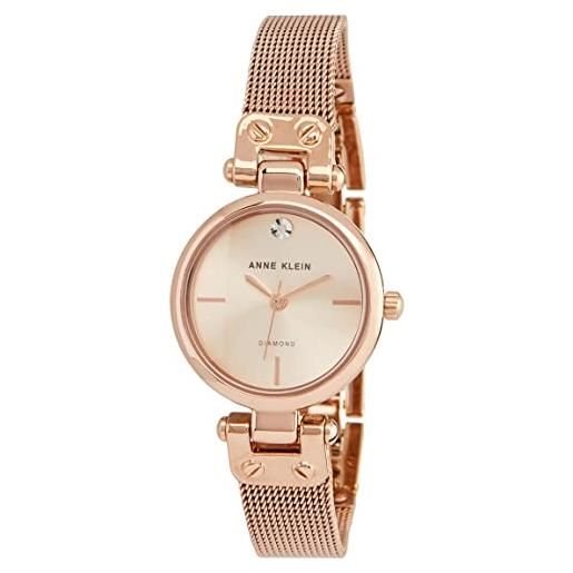 Anne Klein - orologio da polso da donna, con vero diamante sul quadrante, con cinturino a bracciale in maglia mesh color oro, rose gold